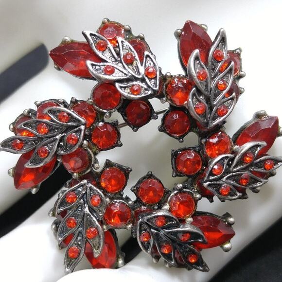 Small Red Rhinestone Silver Wreath Brooch, 1 3/4 Inches - Picture 2 of 5